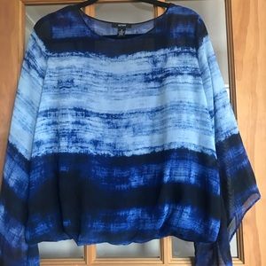 Blue and black print long sleeve blouse